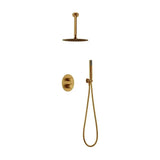 Thermostatic wall mounted shower set with ceiling rain shower in brushed gold top Line by Imex