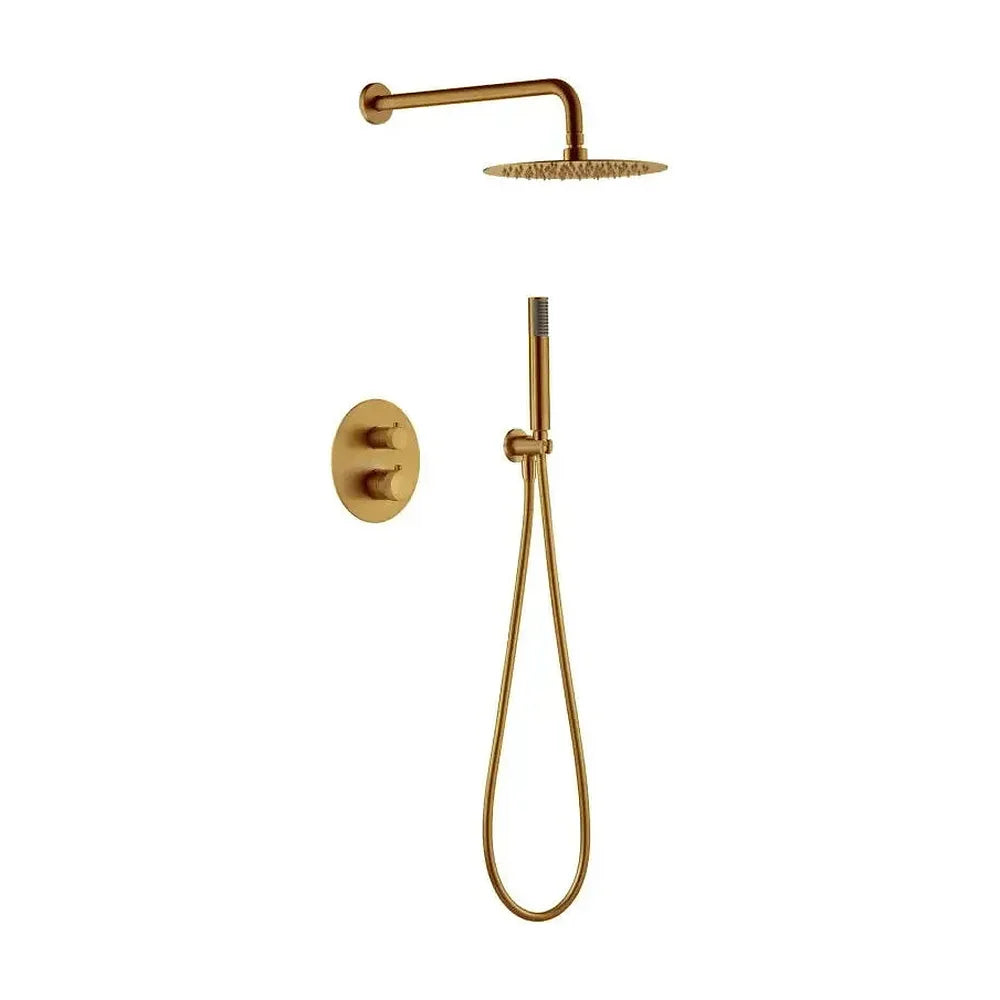 Conjunto de ducha termostática empotrada con un diseño moderno de acabado oro cepillado Line de Imex Imex