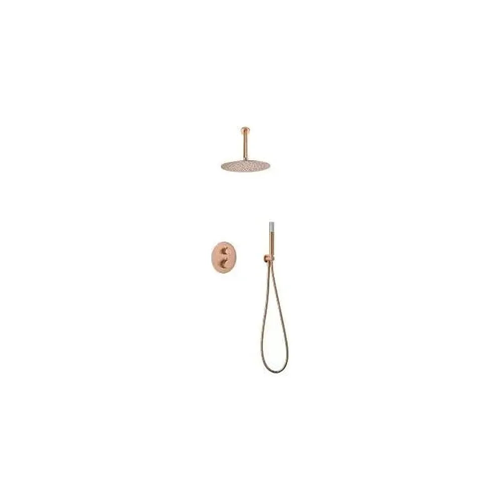 Conjunto de ducha termostático con rociador de conexión a techo y ducha de mano color oro rosa cepillado Monza de Imex Imex