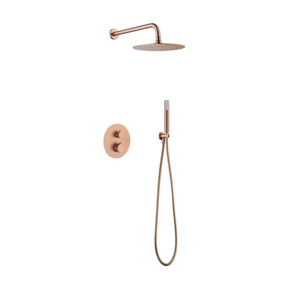 Conjunto de ducha termostático empotrado con rociador a pared acabado oro rosa cepillado Line de Imex Imex