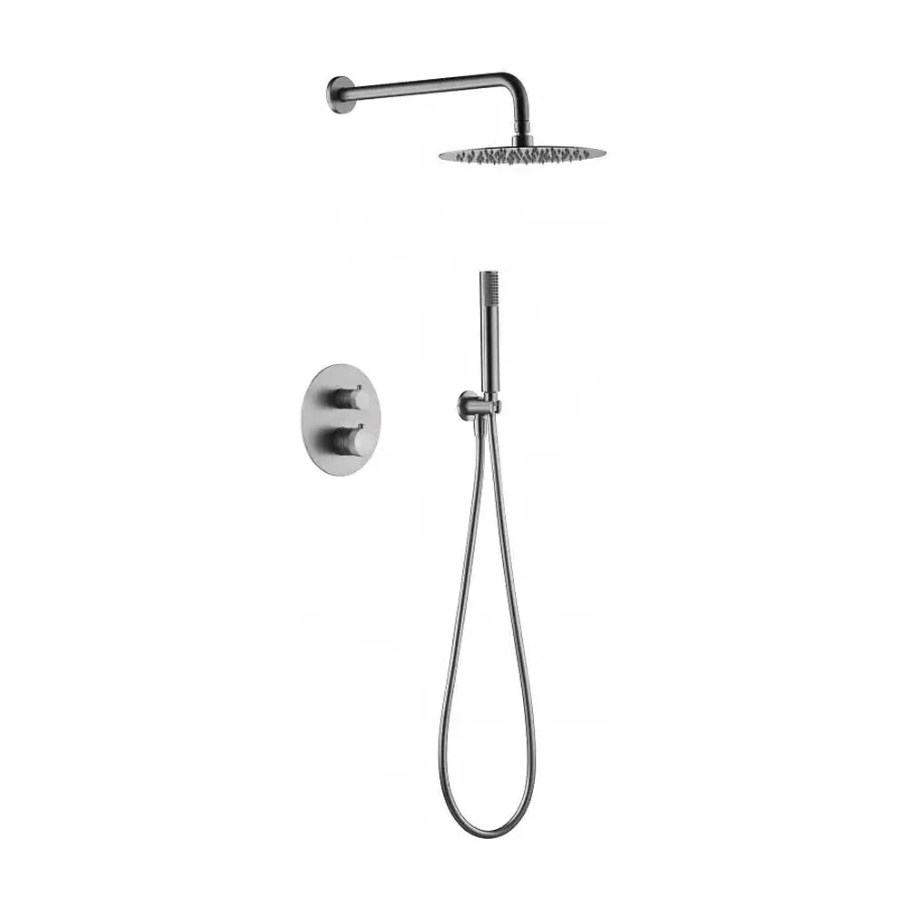 Conjunto moderno de ducha termostática empotrado en color níquel cepillado Line de Imex Imex