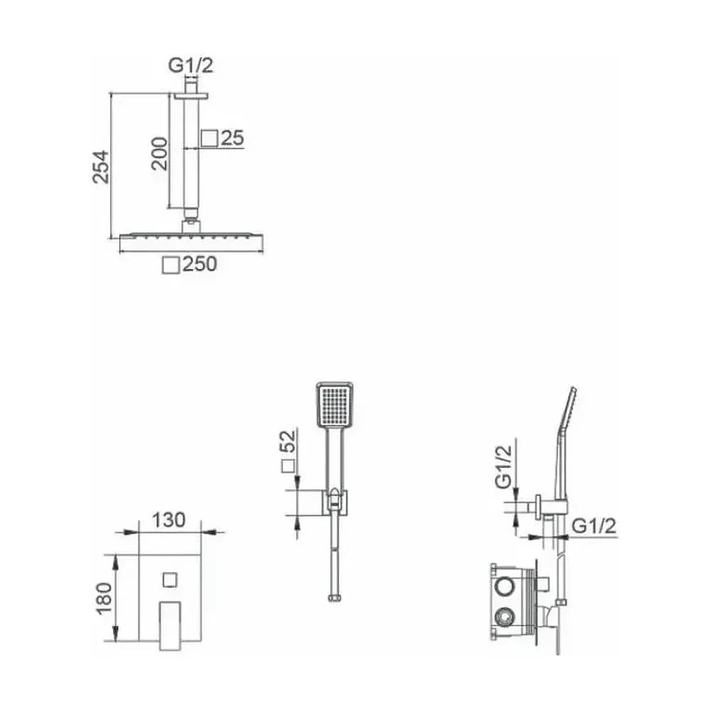 Plano de medidas y cotas técnicas de Conjunto para ducha de pared con un acabado cromado y un diseño moderno berlín...