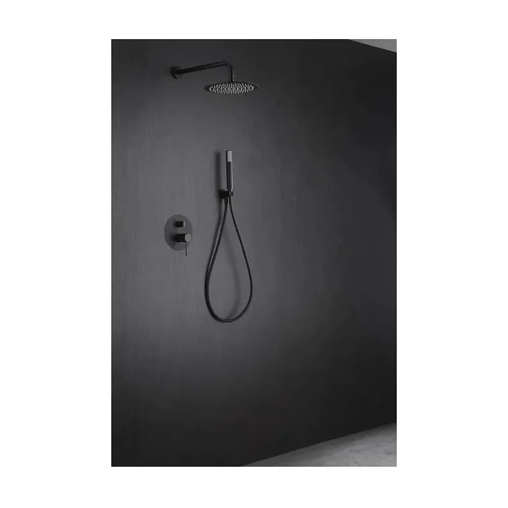 Detalle de funcionamiento de Conjunto para ducha de pared con un diseño empotrado de acabado negro mate Line de Imex