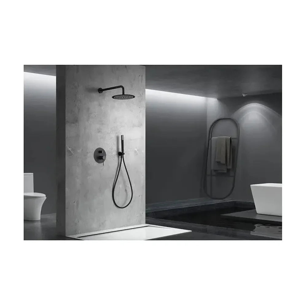 Vista trasera o instalación de Conjunto para ducha de pared con un diseño empotrado de acabado negro mate Line de Imex