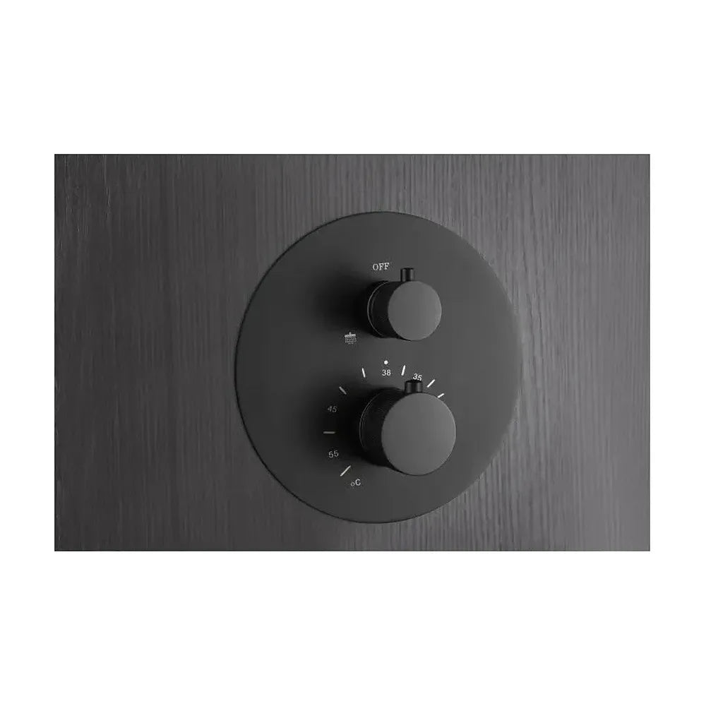 Vista principal de Conjunto para ducha termostática de diseño empotrado con un acabado negro mate Line de Imex