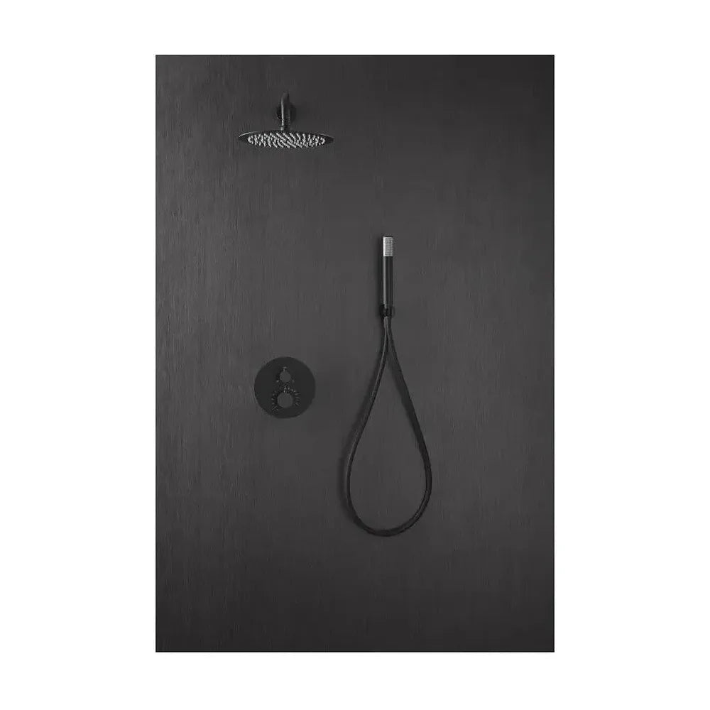 Detalle de funcionamiento de Conjunto para ducha termostática de diseño empotrado con un acabado negro mate Line de Imex