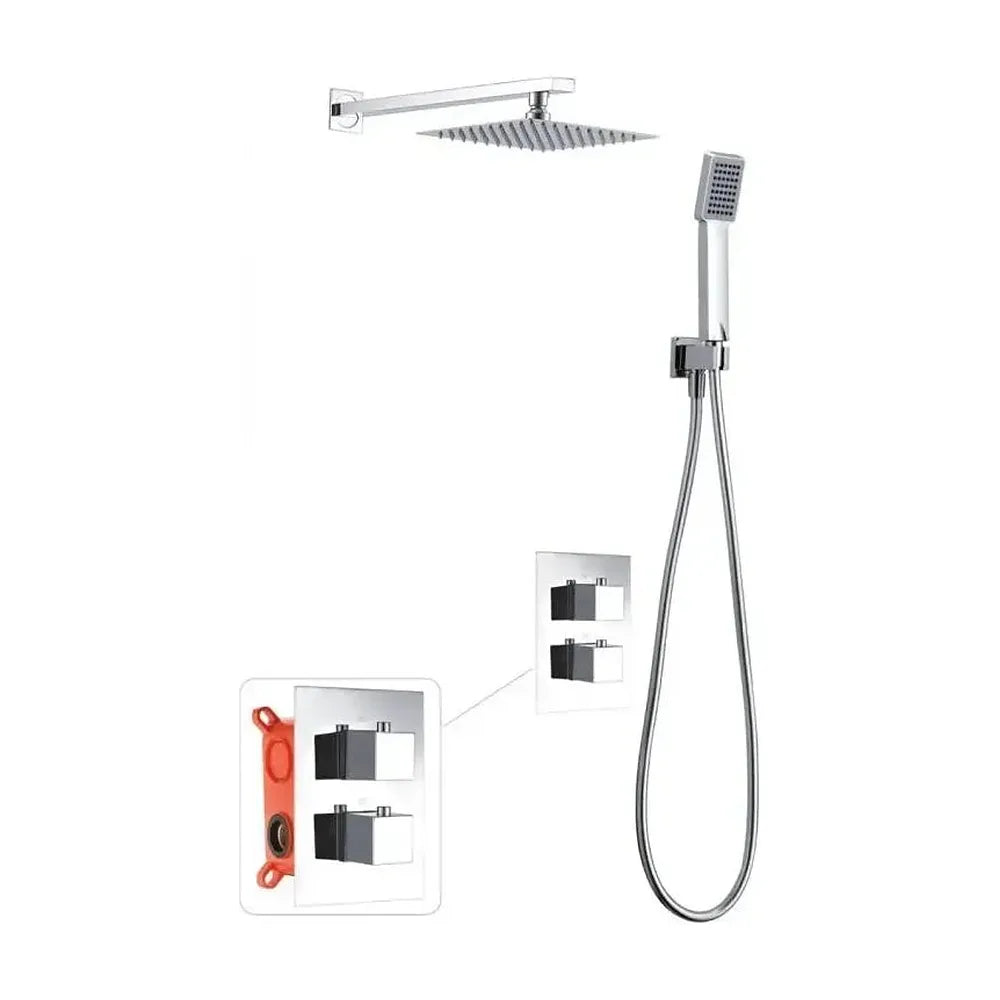 Vista trasera o instalación de Conjunto termostático de 3 módulos para ducha con un diseño moderno de acabado cromado...