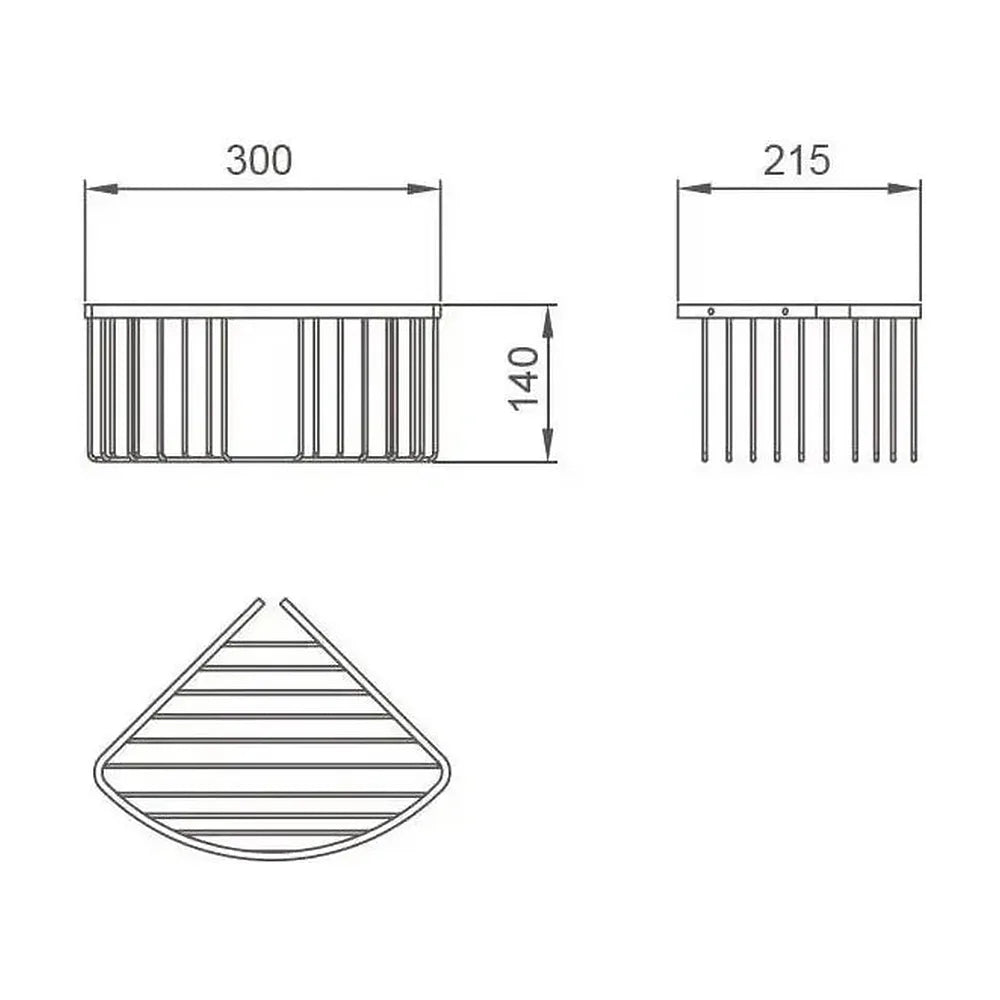 Vista lateral y perspectiva de Estante de rejilla con forma triangular para baño fabricada en acero inoxidable con...