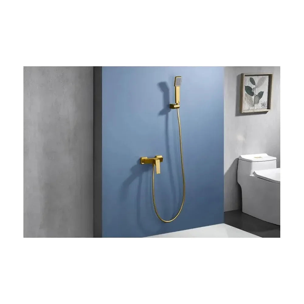 Vista principal de Grifería monomando para ducha con mango y flexo hecha de latón con acabado oro cepillado Art de Imex