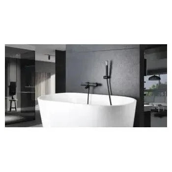 Vista lateral y perspectiva de Grifería termostática para bañera y ducha hecha de latón con acabado negro mate Genova de Imex
