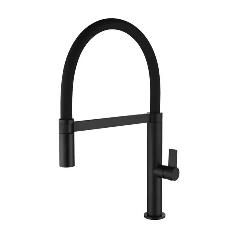 Grifo alto de cocina de color negro mate con manguera extraíble de la marca Laos de Imex Imex