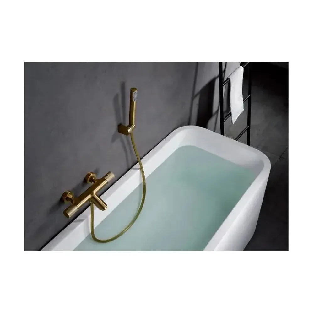 Vista principal de Grifo de bañera termostático de diseño elegante con un acabado oro cepillado Line de Imex