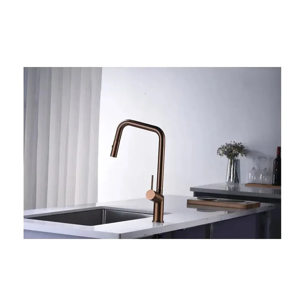 Vista principal de Grifo de cocina monomando extraíble con difusor doble jet de acabado color oro rosa cepillado Bonn de Imex