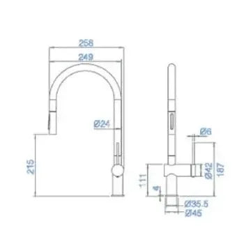 Plano de medidas y cotas técnicas de Grifo de cocina monomando extraíble difusor doble jet de acabado oro rosa cepillado...