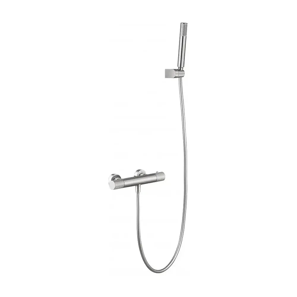 Grifo de ducha termostático con teleducha fabricada en latón de color níquel cepillado Line de Imex Imex