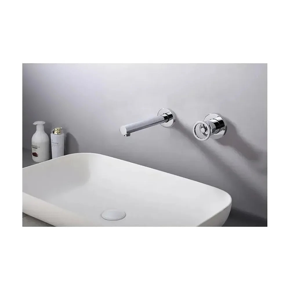Vista lateral y perspectiva de Grifo de lavabo empotrado con un diseño monomando de acabado cromado Olimpo de Imex