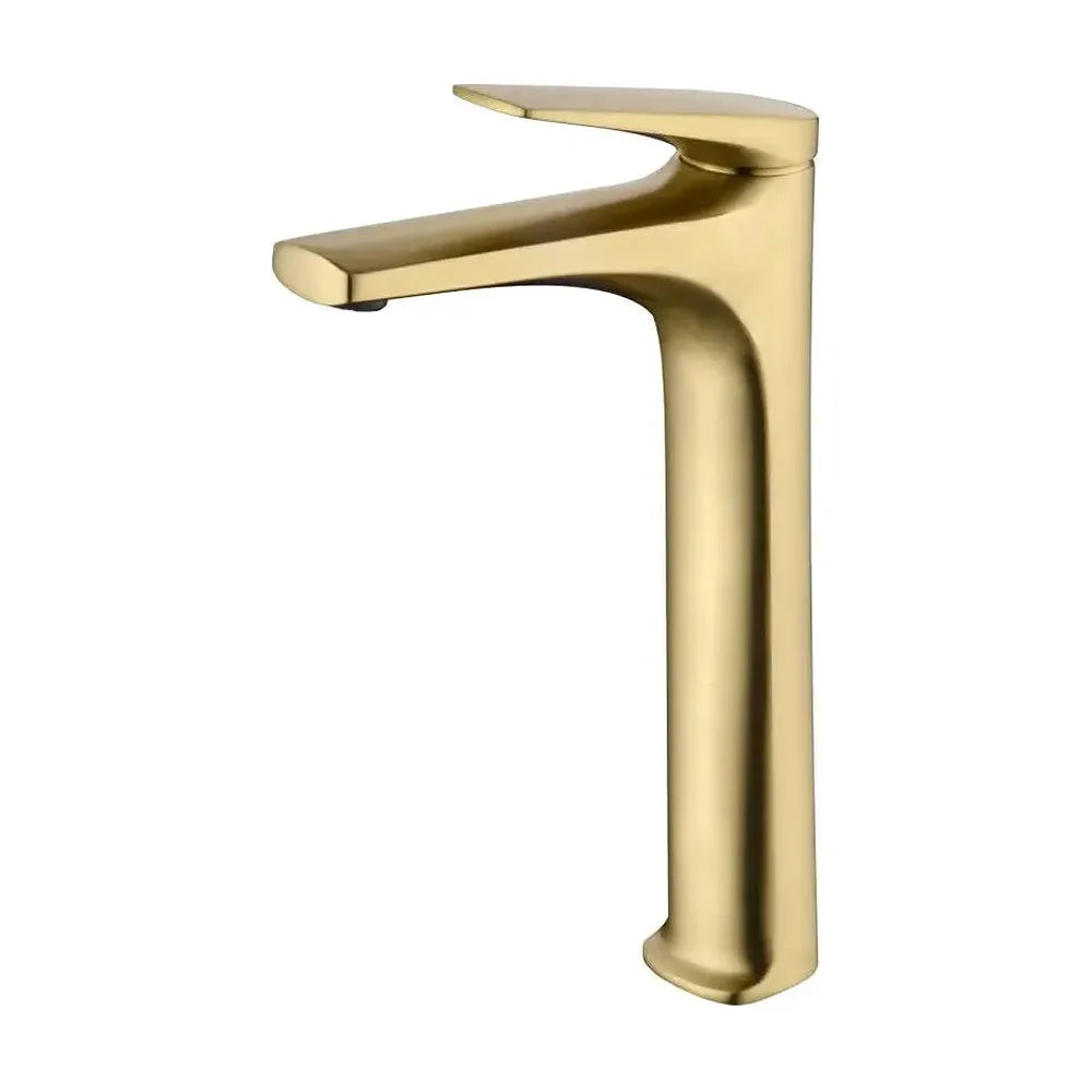 Grifo monomando caño alto para lavabo fabricado en latón con acabado oro cepillado Delos de Imex Imex