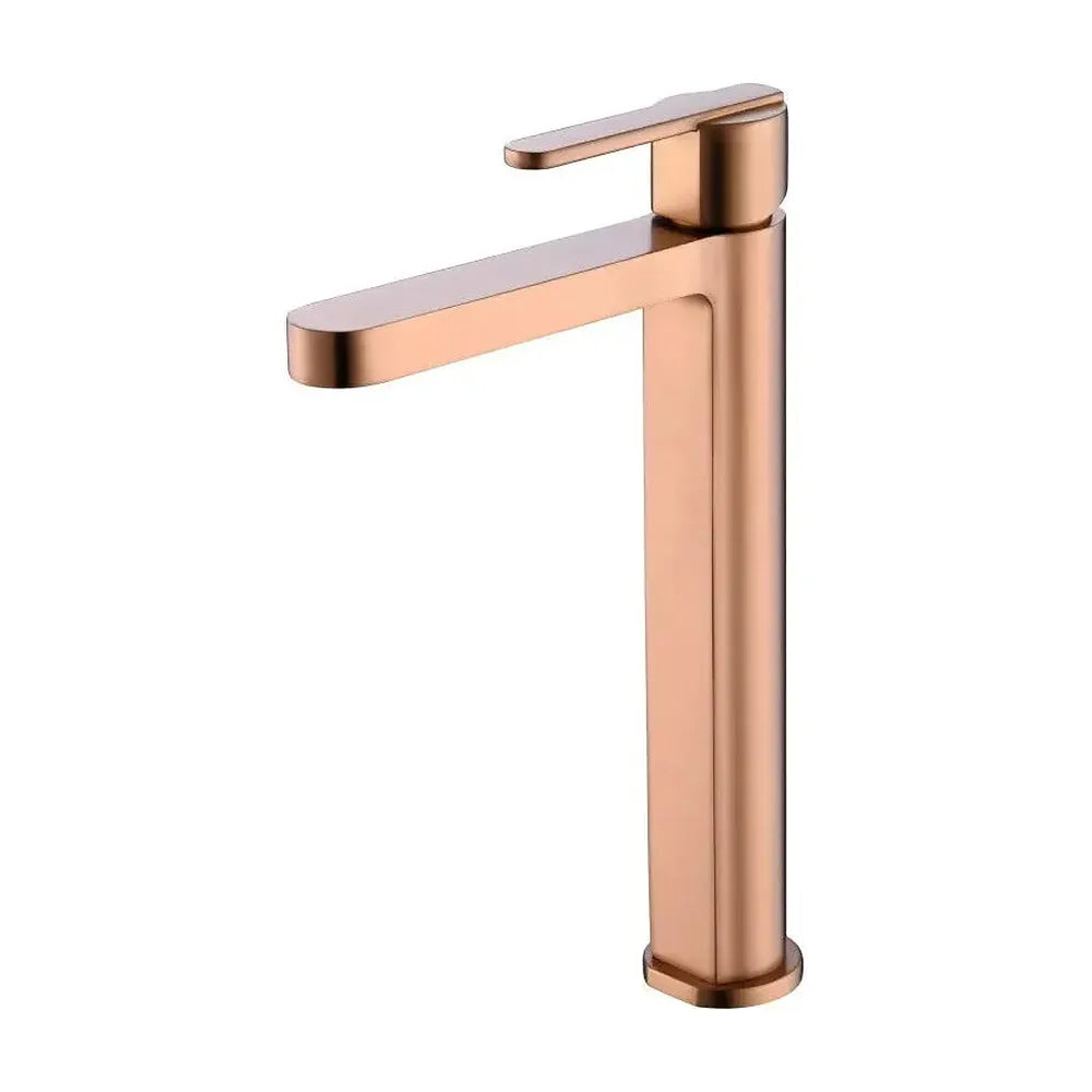 Grifo monomando con caño alto para lavabo hecho de latón con acabado oro rosa cepillado Roma de Imex Imex