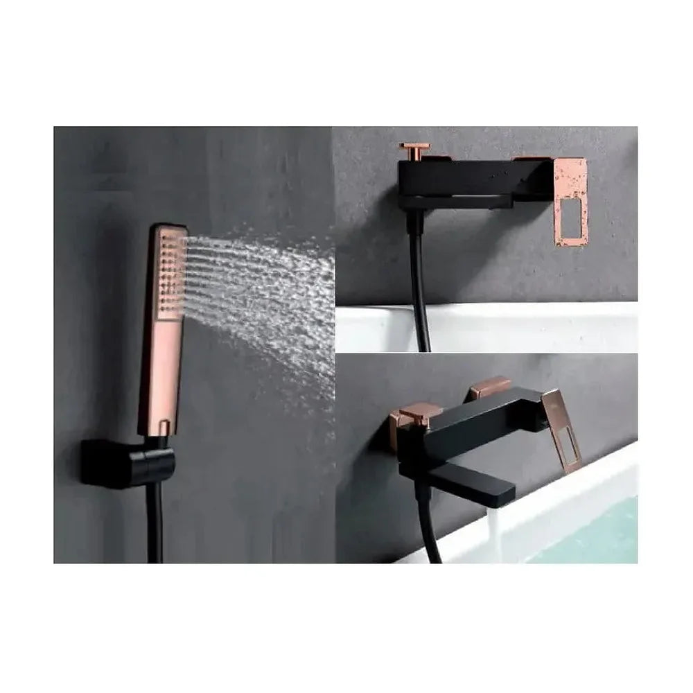 Vista principal de Grifo monomando de pared para bañera con un acabado negro y oro rosa Suecia de Imex