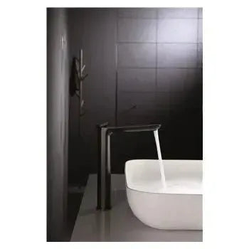 Vista lateral y perspectiva de Grifo monomando para lavabo de caño alto con un acabado negro mate Dinamarca de Imex