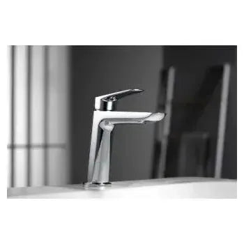 Vista lateral y perspectiva de Grifo monomando para lavabo fabricado en latón cromado con un cartucho cerámico Belgica de...