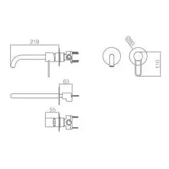 Plano de medidas y cotas técnicas de Grifo monomando para pared en lavabos y en bañeras de acabado blanco mate Etna de Imex