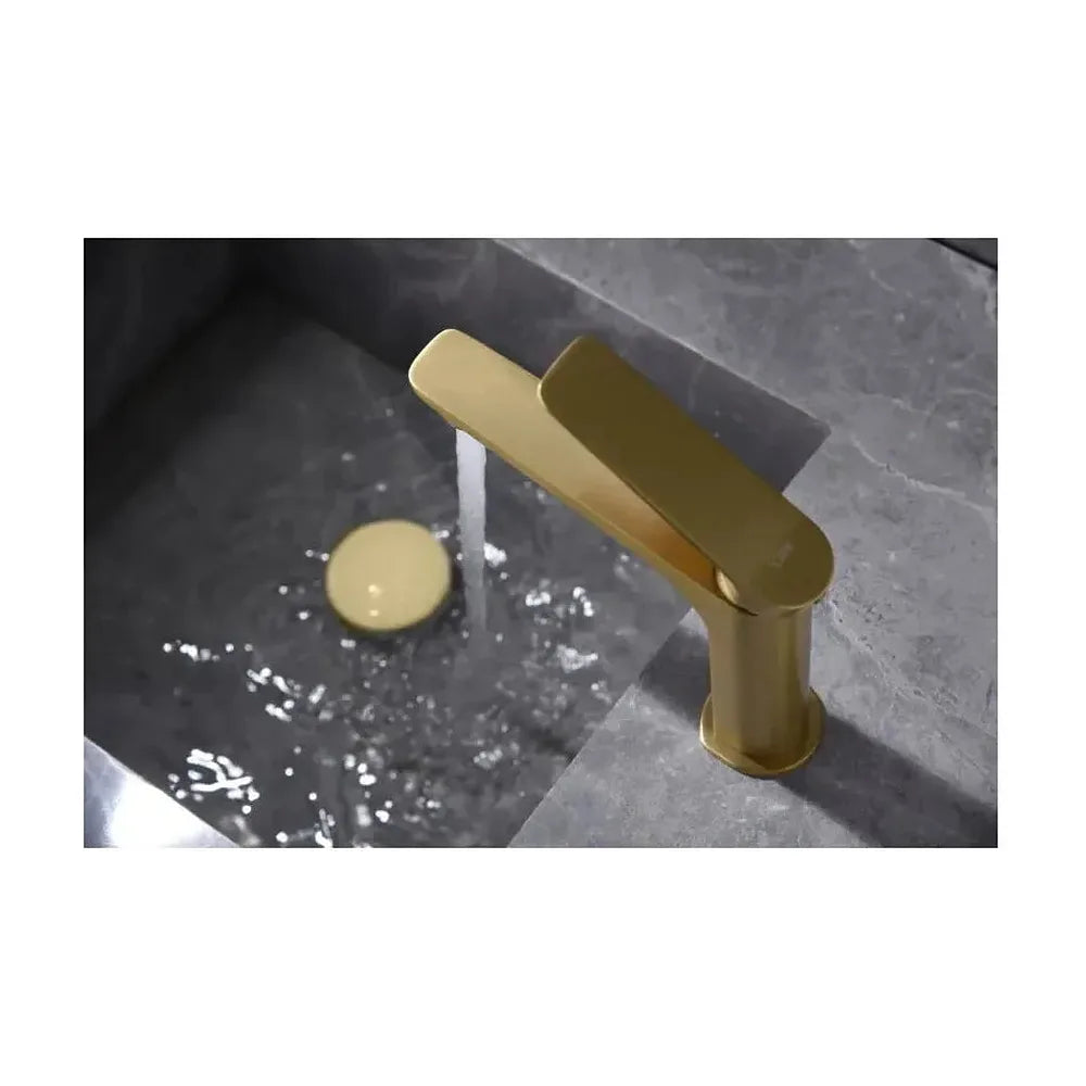 Vista principal de Grifo monomando sobre repisa para lavabo de latón con acabado oro cepillado Napoles de Imex