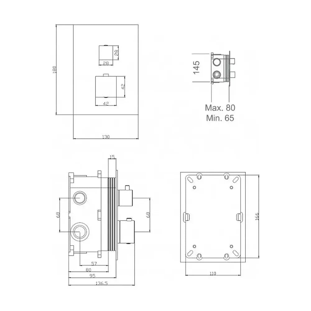 Vista lateral y perspectiva de Grifo termostático de ducha con un diseño empotrado de 3 vías de acabado negro mate de Imex