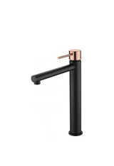 Grifo monomando para lavabo de caño alto fabricado en latón de acabado negro mate y oro rosa Stick Milos de Imex