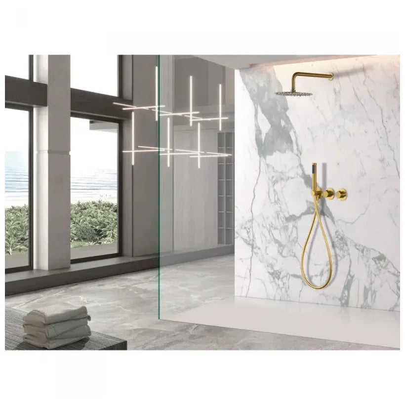 Imex Assen Conjunto de ducha termostático empotrado con rociador a pared o a techo acabado oro cepillado