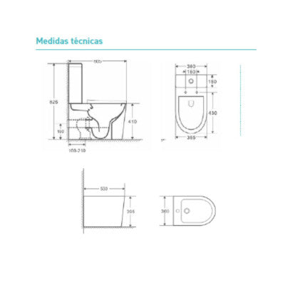 Medidas técnicas inodoro compacto Turín Aquore - 38x60.5x82.5 cm