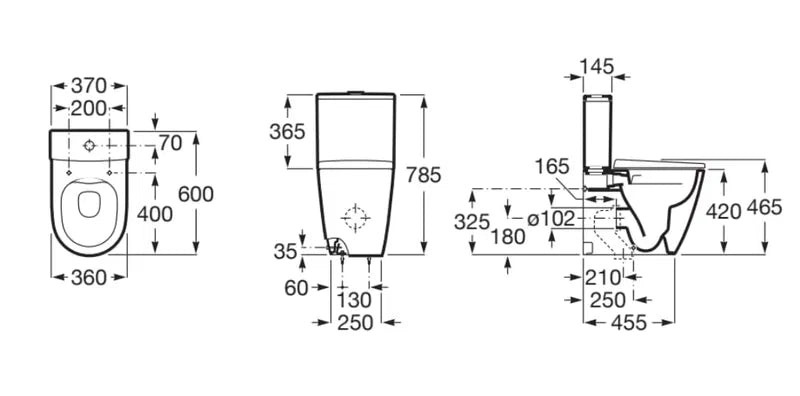 Inodoro de tanque bajo salida dual y diseño adosado a pared en acabado blanco Ona Rimless de Roca