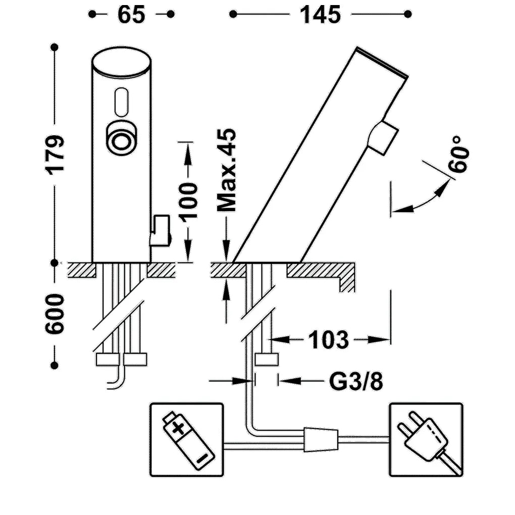 Kit de grifería electrónica con válvula de desagüe y dos llaves escuadras acabado cromado Tempo Basic TRES 1