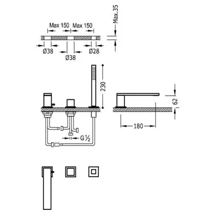Kit monomando para bañera con inversor automático de diseño cúbico y acabado cromado Cub Cuadro TRES 3