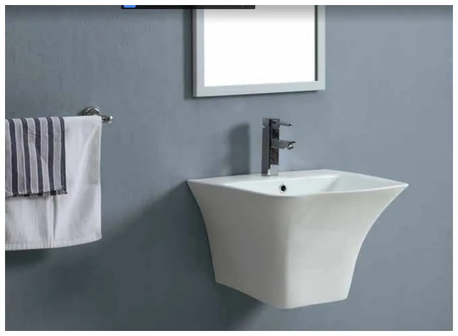 Lavabo suspendido blanco de ceramica con semipedestal curvo con rebosadero Zento 53 de Aquore 2