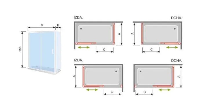 Mampara de ducha con puerta corredera de 195 cm de cristal templado CU607 Kassandra 2