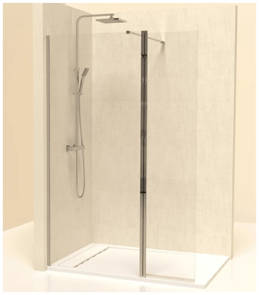 Puerta abatible para mampara de cristal templado con perfil en acabado plata alto brillo Vision Kassandra 1