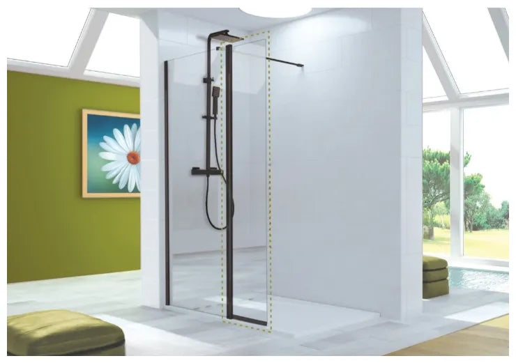 Puerta abatible para mampara de cristal templado con perfil negro Vision Kassandra 0