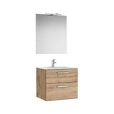 Pack mueble base dos cajones lavabo porcelana espejo aplique LED Starlight nogal Roca
