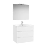 Pack mueble base tres cajones lavabo porcelana espejo aplique LED blanco mate Roca