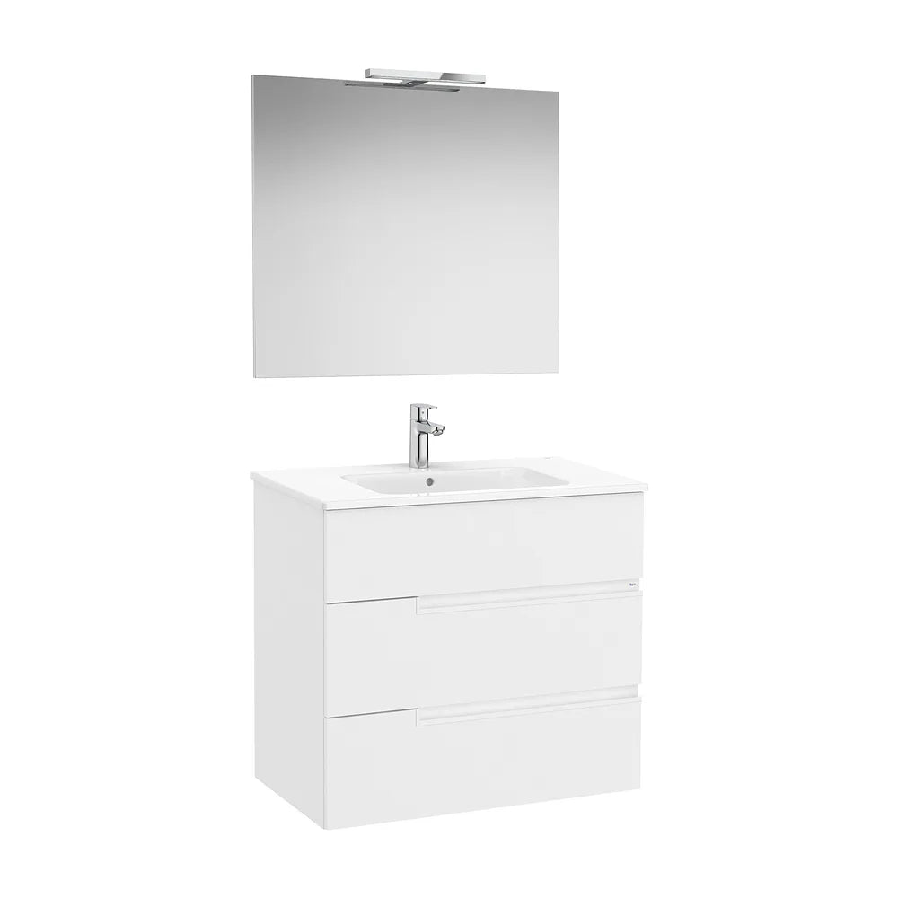 Pack mueble base tres cajones lavabo porcelana espejo aplique LED blanco mate Roca - Vista 2