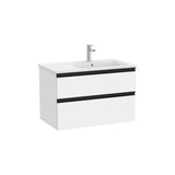 Mueble base suspendido con lavabo a la derecha dos cajones blanco mate Roca