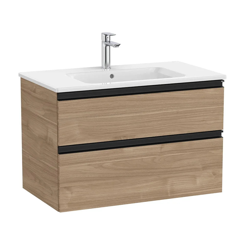 Mueble base suspendido con lavabo centrado dos cajones nogal 80x46x54 cm Roca - Vista 2