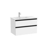 Meuble sous vasque suspendu avec lavabo à gauche deux tiroirs blanc mat design The Gap compatible accessoires Roca