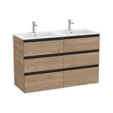 Mueble base suspendido con seis cajones y lavabo doble porcelana 120x46x76 cm Roca