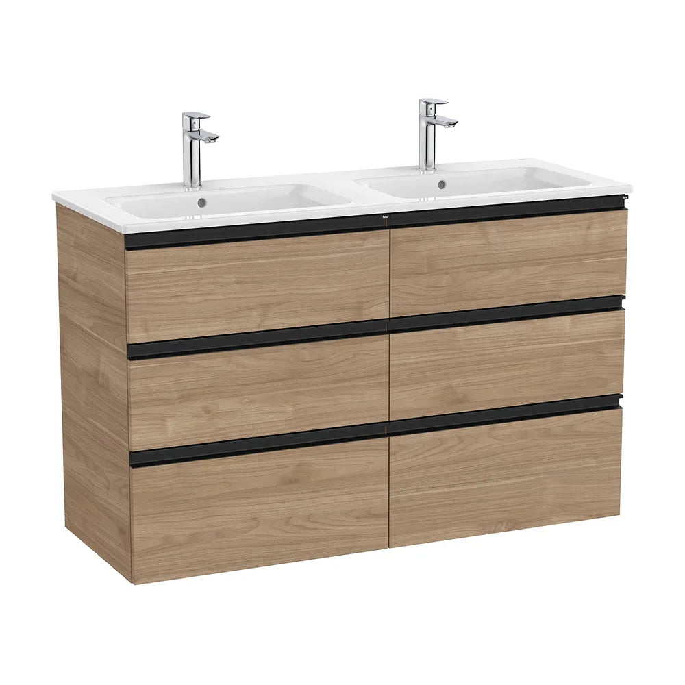Mueble base suspendido con seis cajones y lavabo doble porcelana 120x46x76 cm Roca - Vista 2