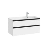 Mueble base suspendido con lavabo a la derecha dos cajones blanco mate Roca