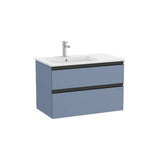 Mueble base suspendido con lavabo a la izquierda dos cajones azul mate Roca