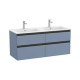 Meuble bas suspendu 120 x 46 x 53 cm quatre tiroirs lavabo double porcelaine finition bleu mat Design The Gap Roca