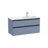 Mueble base suspendido con lavabo a la derecha dos cajones cierre amortiguado Roca